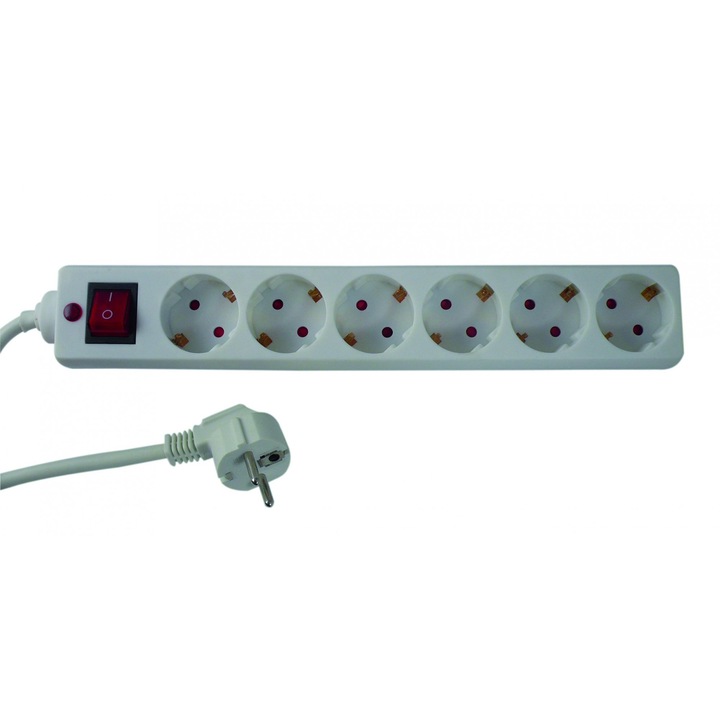 Anco Asztali elosztó 6-os kapcsolóval, 1.4m, 16A, 250V, 3500W, 3x1.0mm² kábellel, Fehér