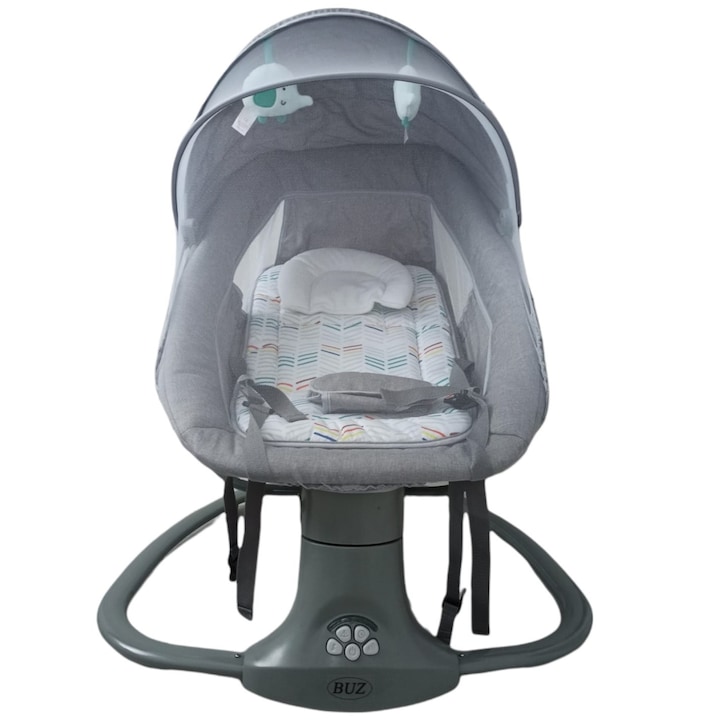 Balansoar bebe 3in1 electric, cu plasa tantari, perna detasabila, bara activitati, USB, bluetooth, telecomanda, buz
