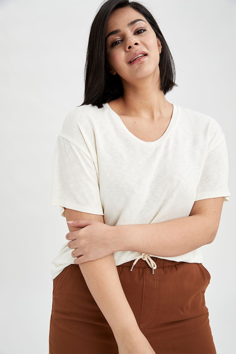 DeFacto, Tricou cu decolteu in V si maneci cazute, Alb