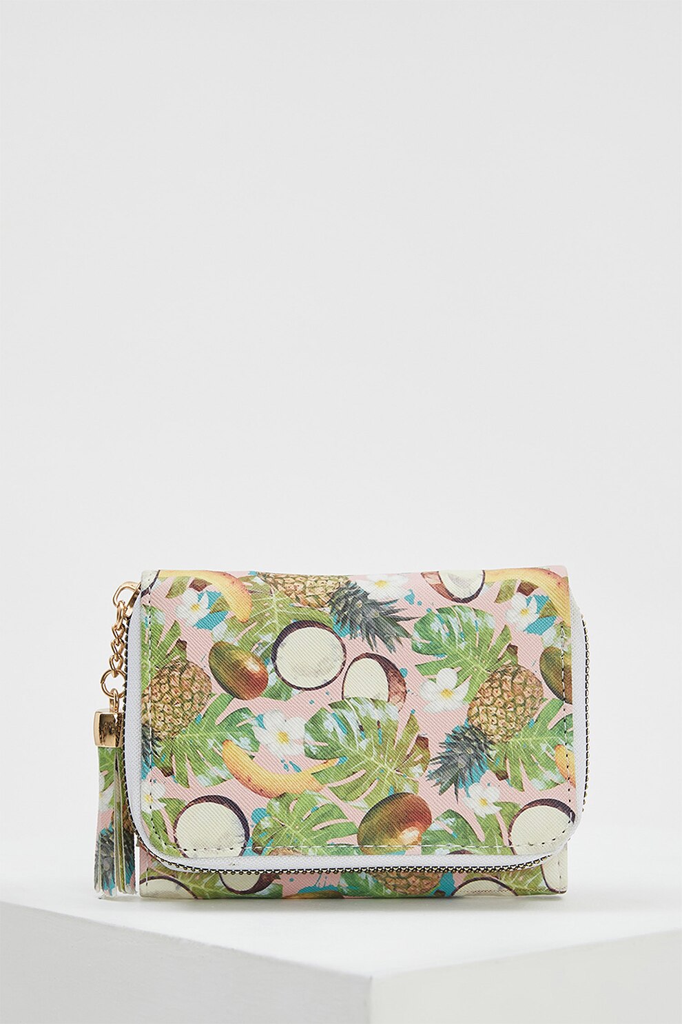 DeFacto, Portofel cu imprimeu si accesoriu, Alb/Verde pal