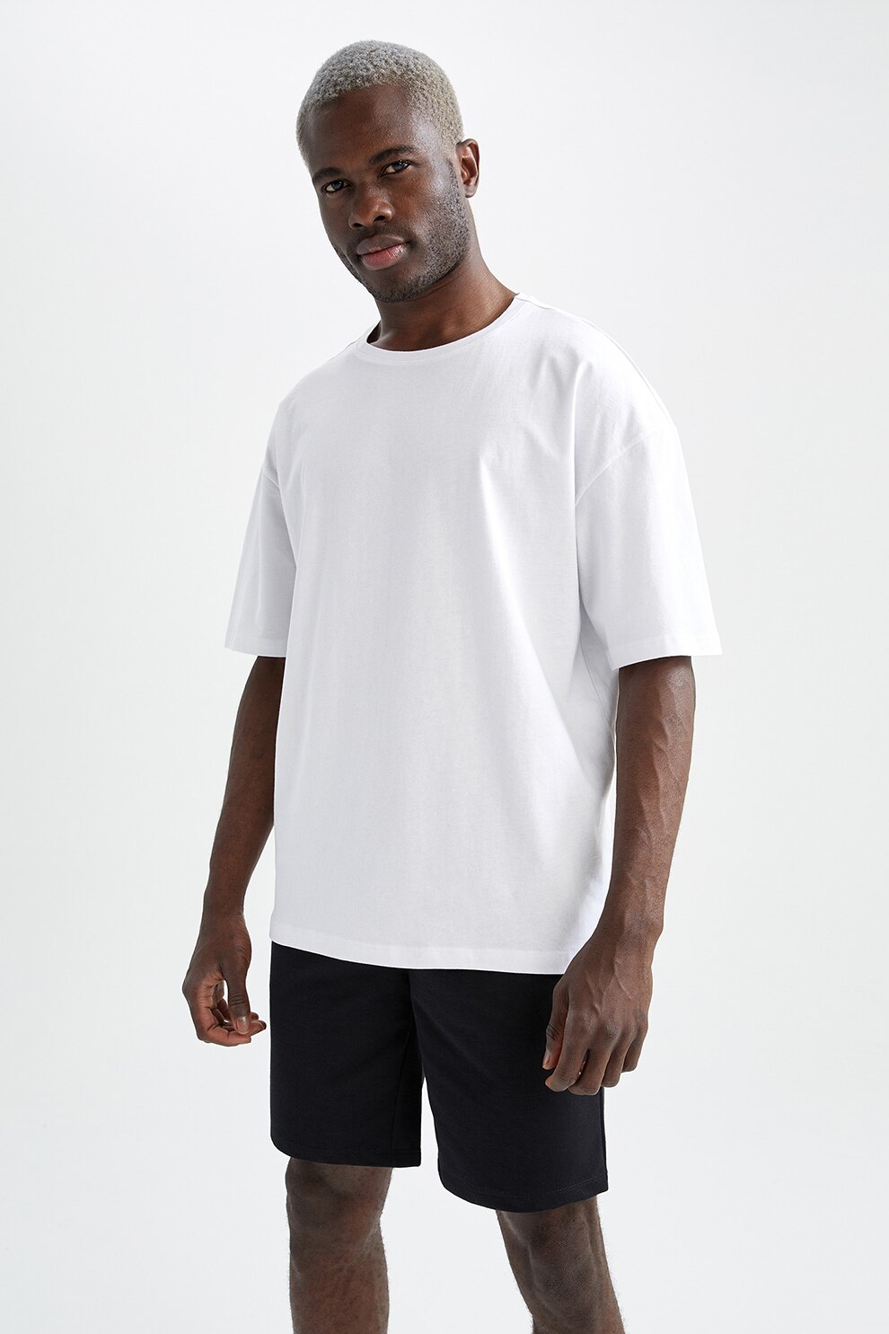 Defacto, Pijama de bumbac cu pantaloni scurti, Alb/Negru, S