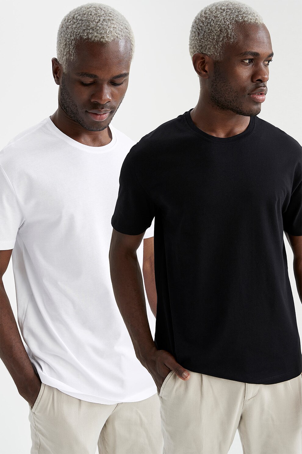 Defacto, Set de tricouri cu decolteu la baza gatului - 2 piese, Negru/Alb