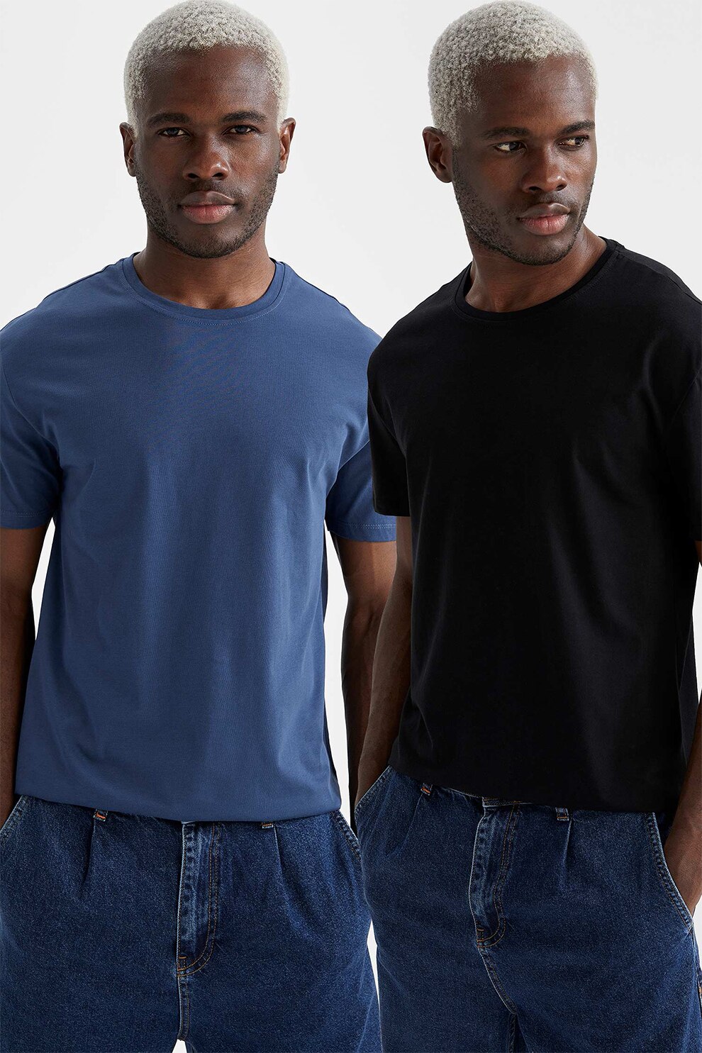 Defacto, Set de tricouri cu decolteu la baza gatului - 2 piese, Negru/Albastru indigo