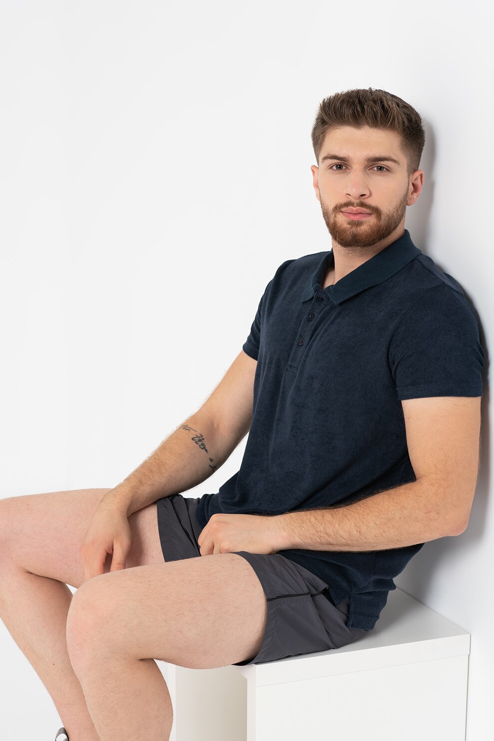 BRAVE SOUL, Tricou polo din material terry Atkinson, Bleumarin inchis