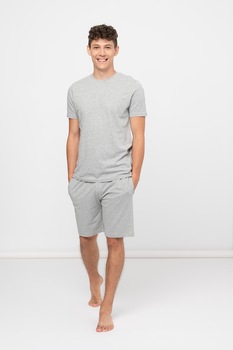 BRAVE SOUL, Set de tricou de bumbac cu decolteu la baza gatului si pantaloni sport scurti, Gri deschis melange BRAVE SOUL, Set de tricou de bumbac cu decolteu la baza gatului si pantaloni sport scurti, Gri deschis melange