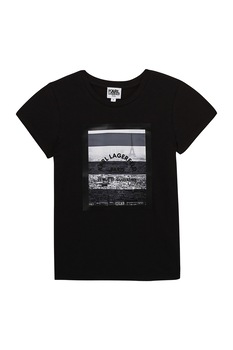 Karl Lagerfeld, Tricou din amestec de modal cu imprimeu logo si grafic, Negru, 108 CM Karl Lagerfeld, Tricou din amestec de modal cu imprimeu logo si grafic, Negru, 108 CM