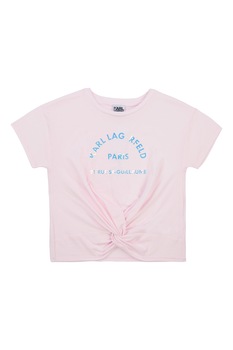 Karl Lagerfeld, Tricou din amestec de modal cu nod frontal si imprimeu, Roz, 138 CM Karl Lagerfeld, Tricou din amestec de modal cu nod frontal si imprimeu, Roz, 138 CM