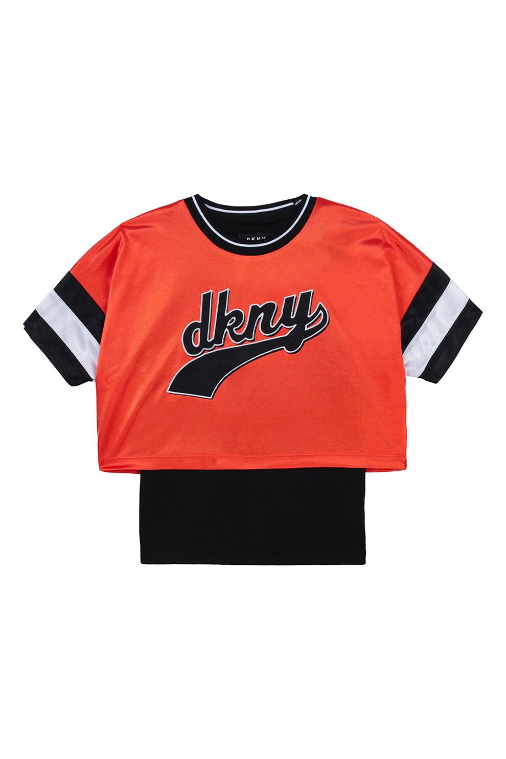 DKNY, Tricou cu imprimeu logo si model 2in1, Oranj mandarina/Negru