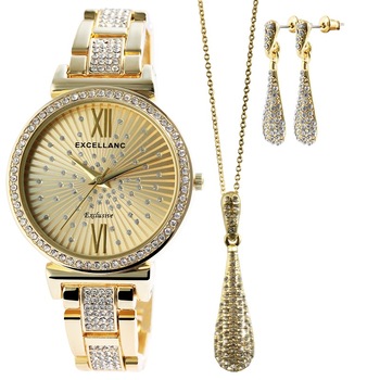 Set cadou, ceas dama, Excellanc, RAINDROP, cercei , lantisor, pandativ gold 1800177-005
