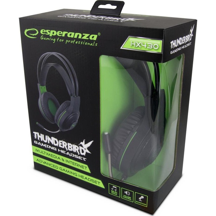 Casti gaming Esperanza Thunderbird EGH430, Jack 3.5mm, USB, Negru/Verde