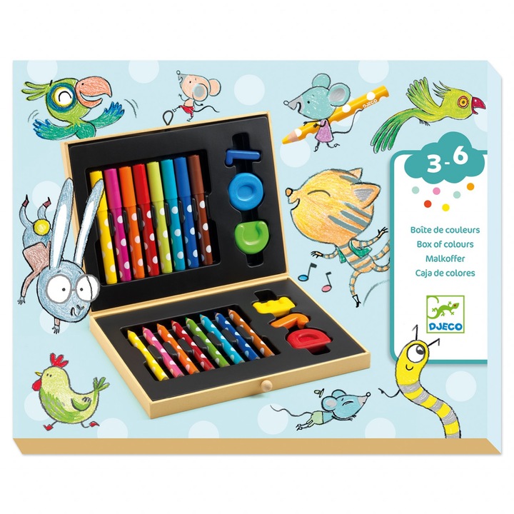 Set creativ copii, Djeco, 8 creioane colorate, 8 carioci, 6 creioane cerate, multicolor, pentru 3-6 ani