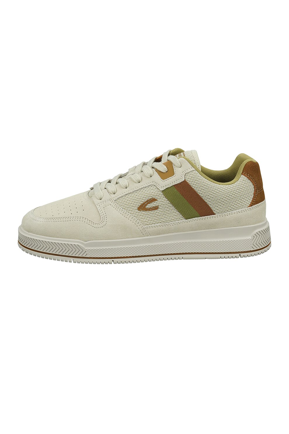 Camel Active, Pantofi sport cu garnituri din piele intoarsa si logo, Alb prafuit/verde/maro
