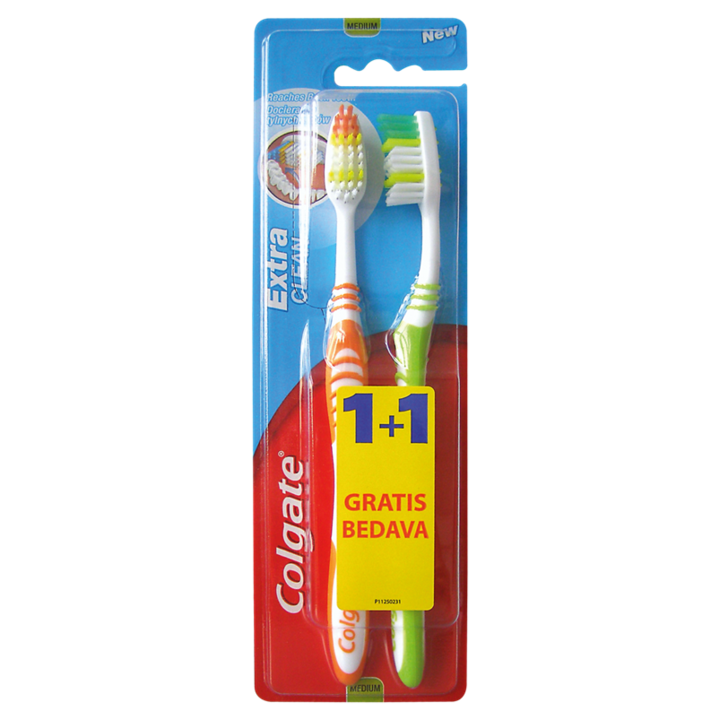 Periuta de dinti Colgate Extra Clean 1+1 Gratis, Verde + Portocaliu