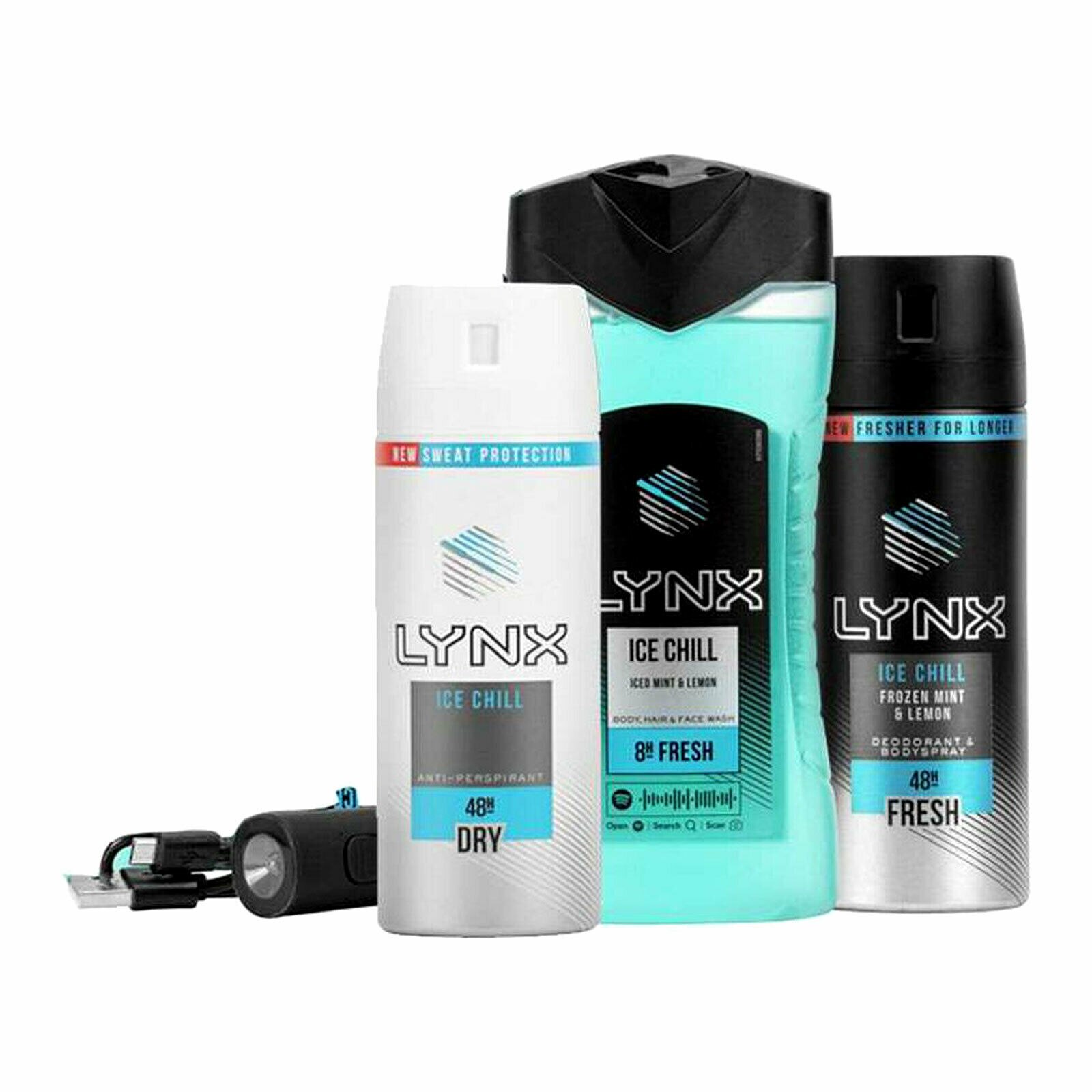 Set cadou barbatesc Lynx ice chill,deodorant 150ml,gel de dus 250 ml,anti-perspirant 150ml,torta led cu power bank