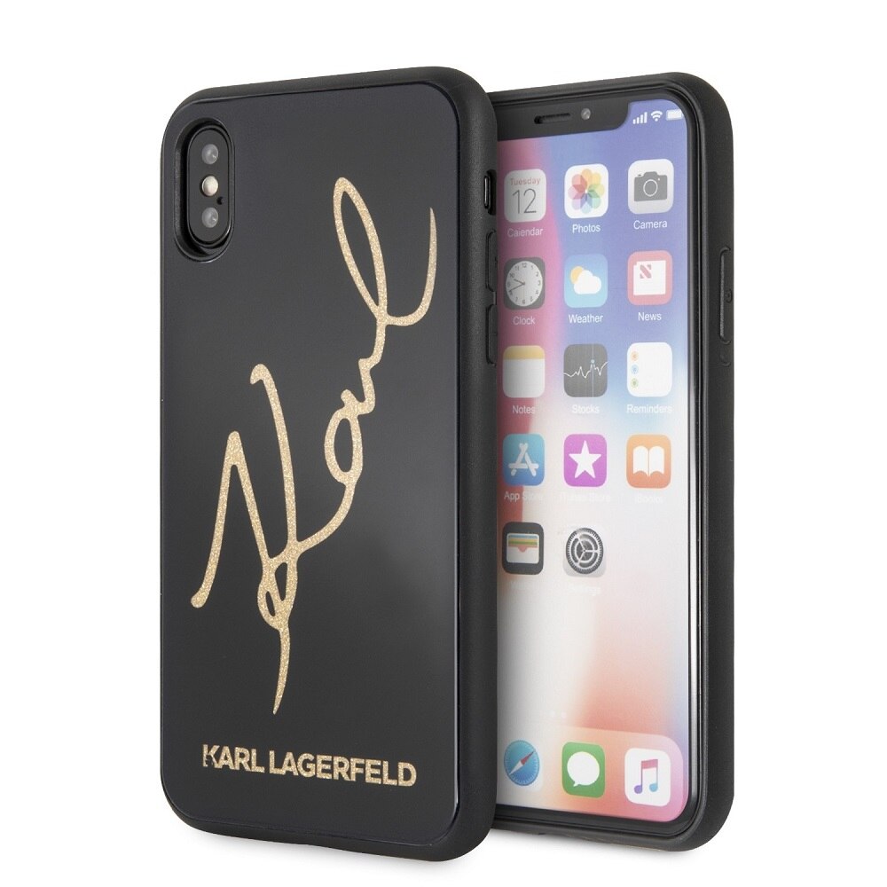 Husa Karl Lagerfeld Colectia Signature Glitter compatibila cu iPhone X / XS, Negru