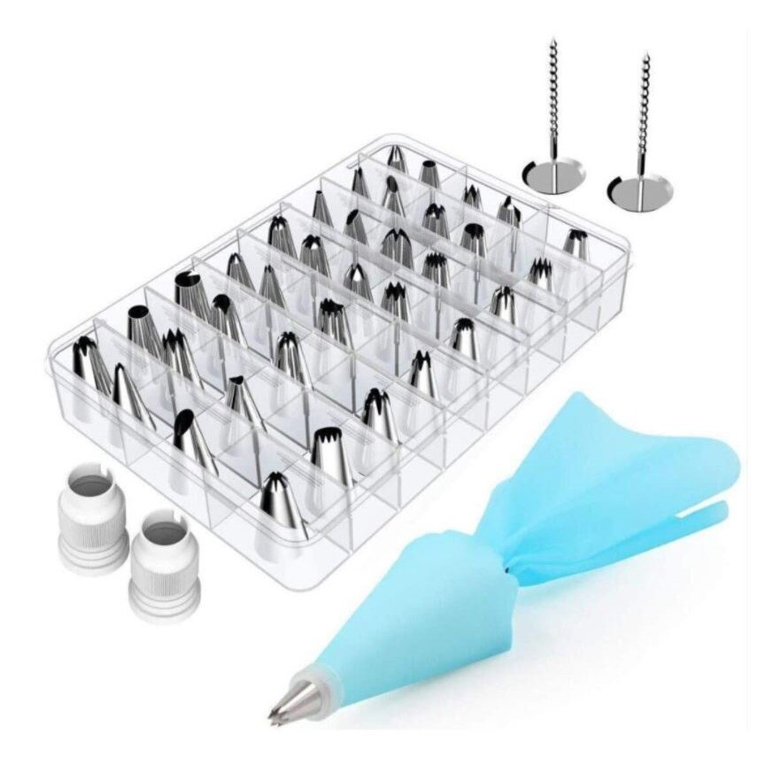 Set 35 piese pentru ornarea torturilor, Otel inoxidabil/Silicon, Argintiu/Albastru