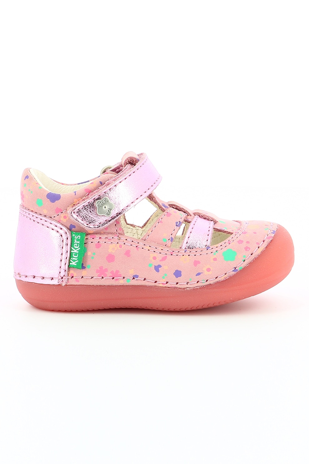 Kickers kids, Pantofi de piele cu velcro, roz, verde, mov
