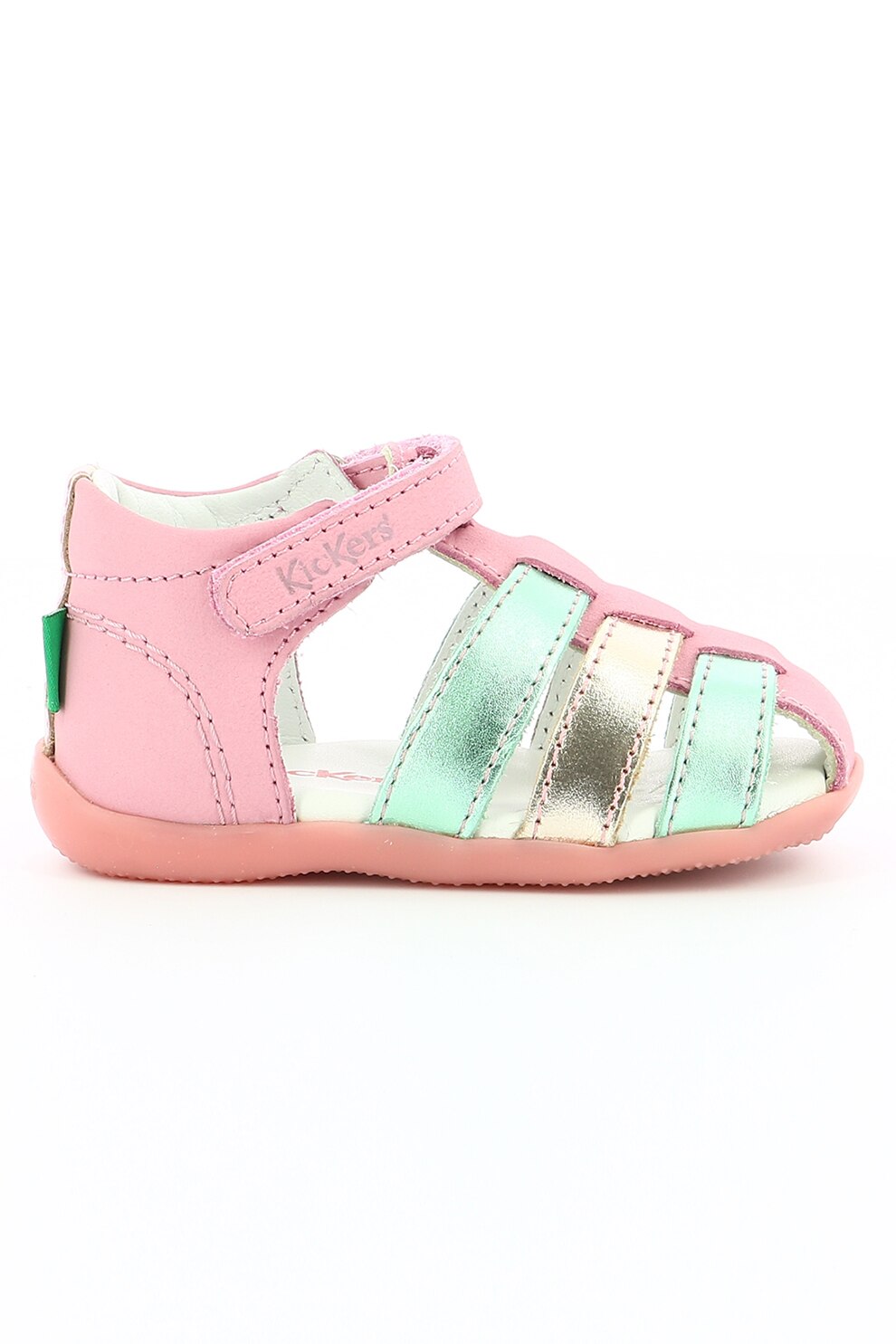 Kickers kids, Pantofi de piele cu model colorblock si velcro, Roz/Albastru aquamrin/Galben pai
