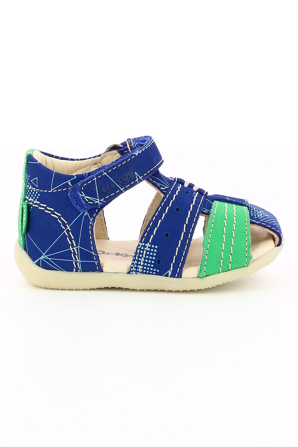 Kickers kids, Sandale de piele cu barete multiple si velcro, Bleumarin/Verde