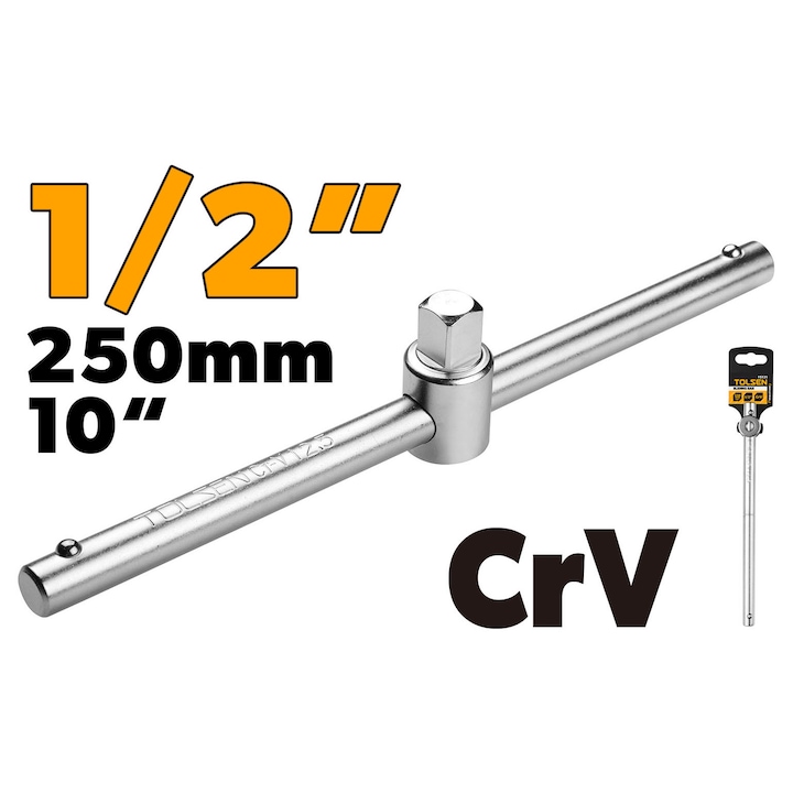 Antrenor de forta patrat glisant TOLSEN 1/2” x 250 mm, otel 50BV30, finisaj crom mat, rezistenta mare la torsiune, pentru actionarea cheilor tubulare in spatii inguste