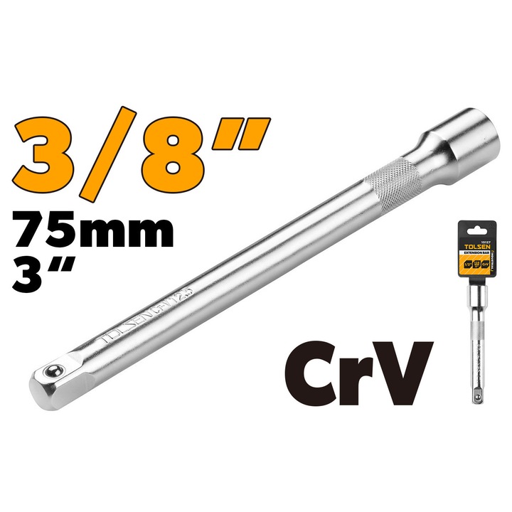 Bara de extensie 3/8" x 75 mm,, Cr-V 50BV30, TOLSEN, finisaj crom mat, Industrial, pentru clichet si tubulare