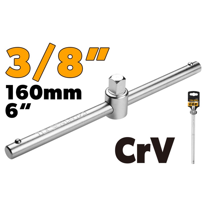 Antrenor de forta patrat glisan TOLSEN 3/8” x 160 mm, otel 50BV30, finisaj crom mat, rezistenta mare la torsiune, pentru actionarea cheilor tubulare in spatii inguste