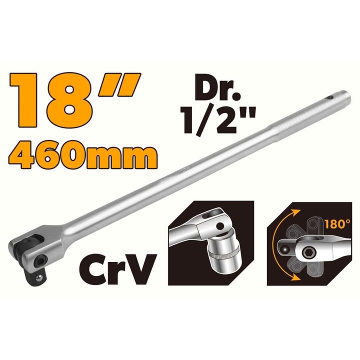 Prelungitor TOLSEN 1/2" 460 mm, cap flexibil articulat, Cr-V cromat, rulment cu bile, Industrial