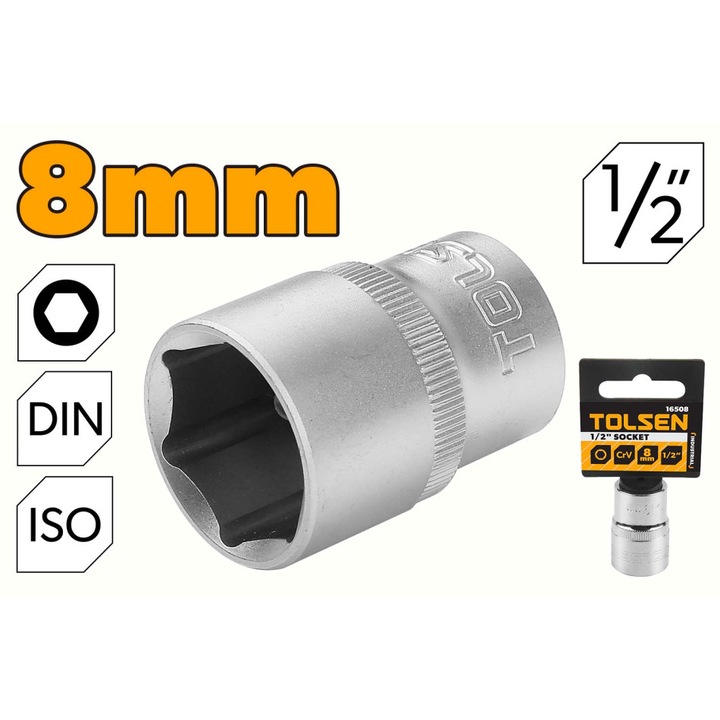 Cheie tubulara TOLSEN 1/2" Cr-V 8 mm, 50BV30, tratament termic, standard DIN3124/ISO2725, canal retinere bila, cromata, actionare manuala, Industrial