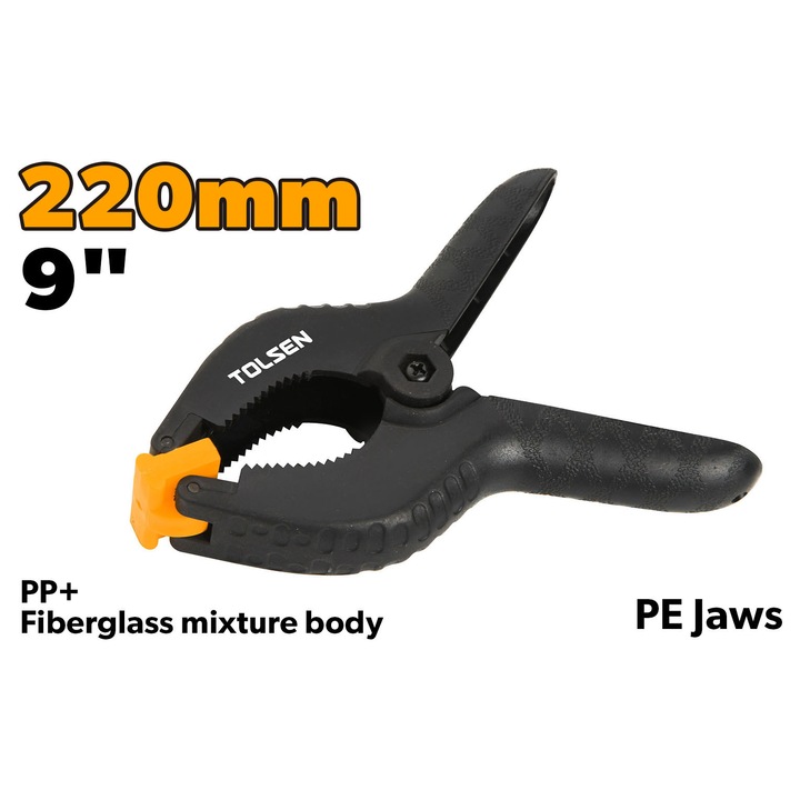 Clema fixare cu arc TOLSEN 225 mm (9”), corp din nailon cu fibra de sticla, falci din PE, rezistenta si usoara pentru prindere rapida