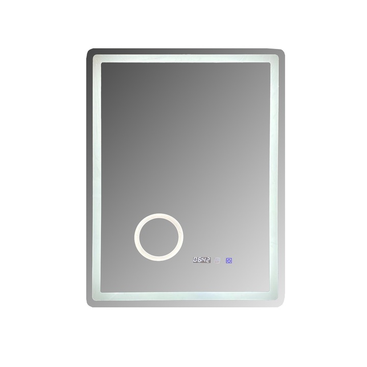 Oglinda baie cu iluminare LED,dezaburire,ceas,termometru si LUPA, 60x80 cm