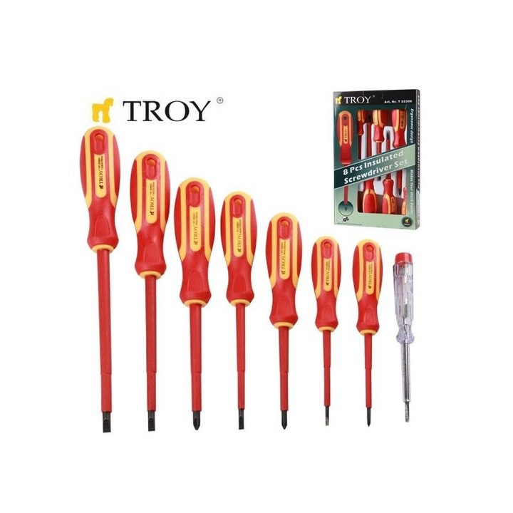 Комплект професионални изолирани отвертки, 8 броя, TROY