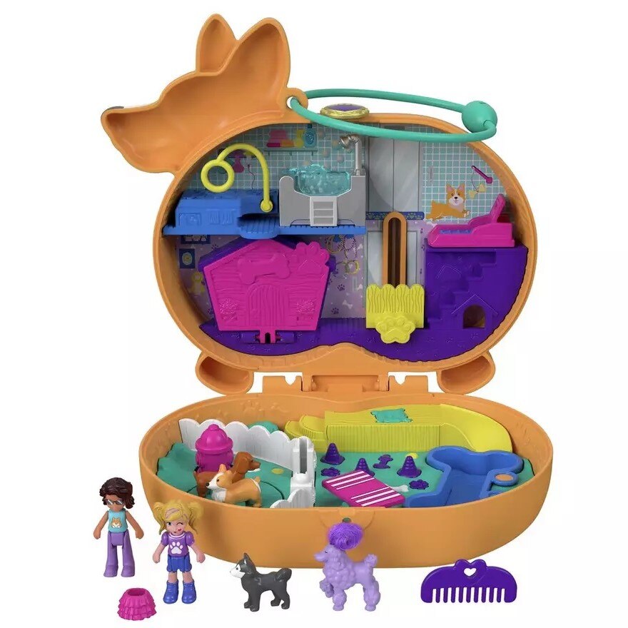 Set de joaca Polly Pocket, Corgi Cuddles, cu 2 papusi, in forma de caine