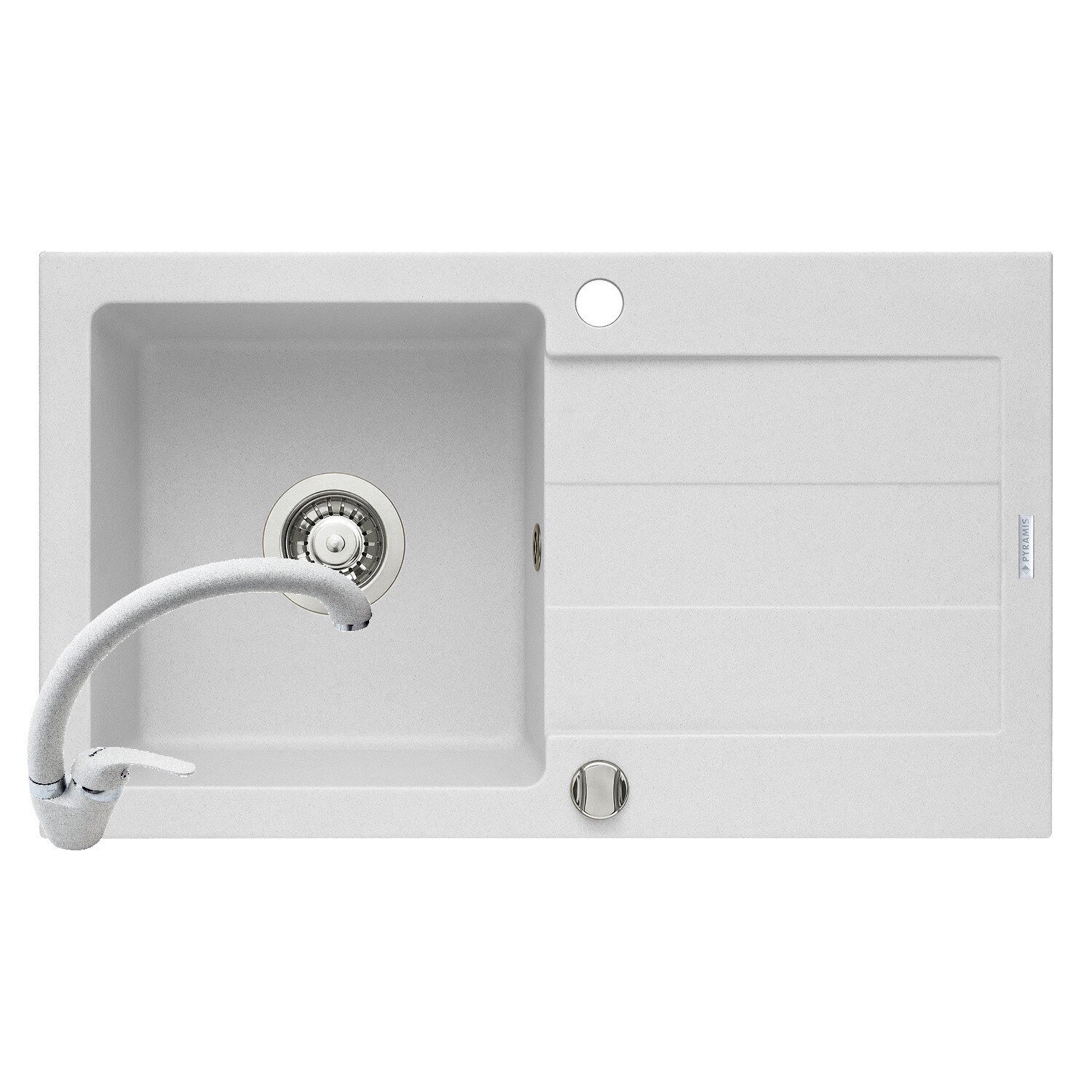 Pachet chiuveta si baterie Pyramis SPARTA, dimensiune 760x440mm, adancime 170mm, reversibila, pipa tip lebada, finisaj Pyragranite alb