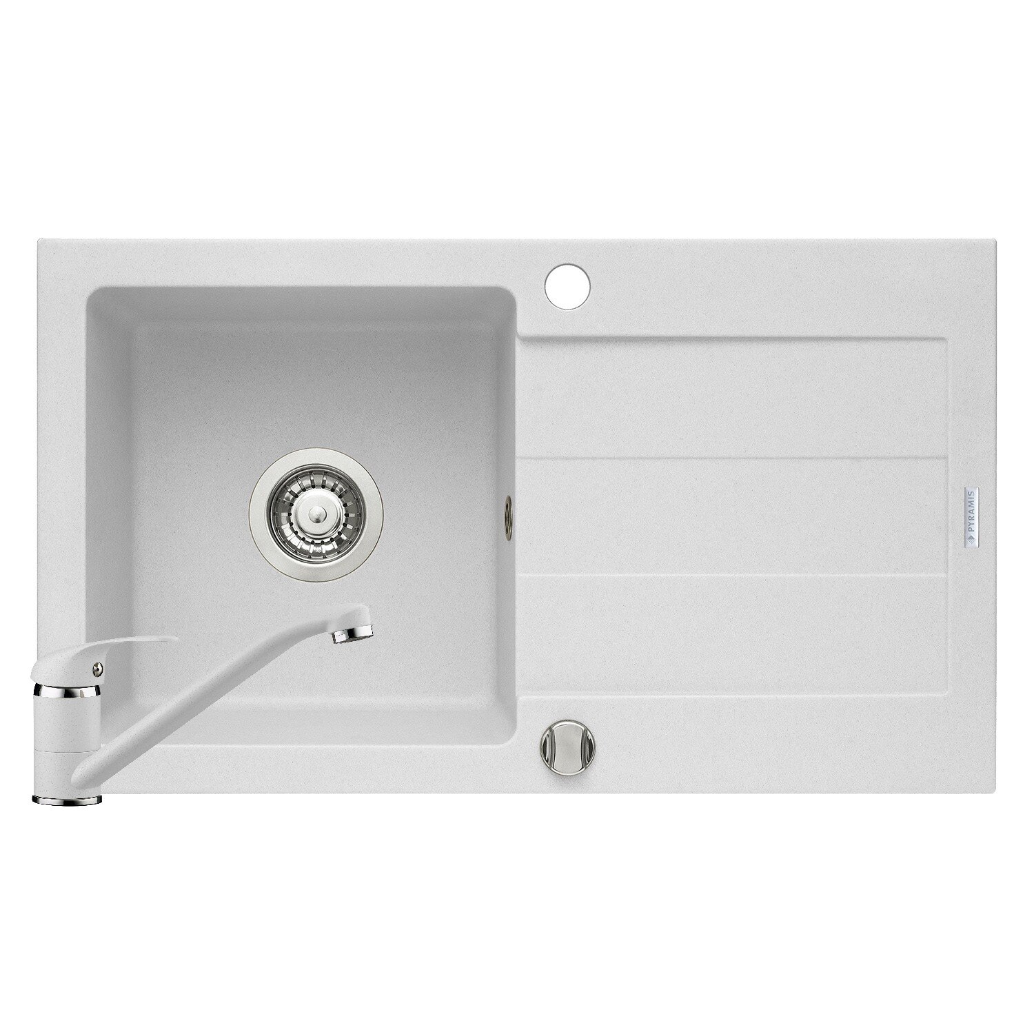 Pachet chiuveta si baterie Pyramis SPARTA, dimensiune 760x440mm, adancime 170mm, reversibila, pipa standard, finisaj Pyragranite alb