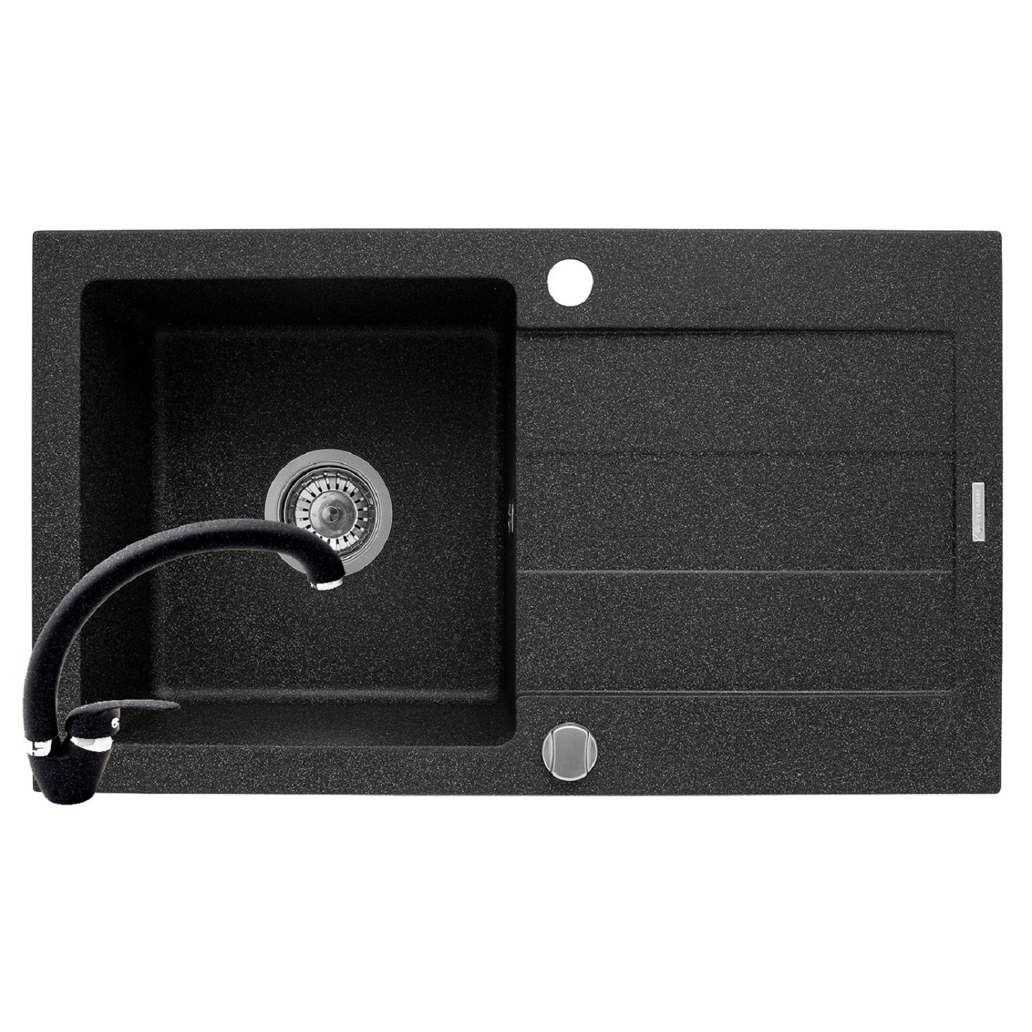 Pachet chiuveta si baterie Pyramis SPARTA, dimensiune 760x440mm, adancime 170mm, reversibila, pipa tip lebada, finisaj Pyragranite negru