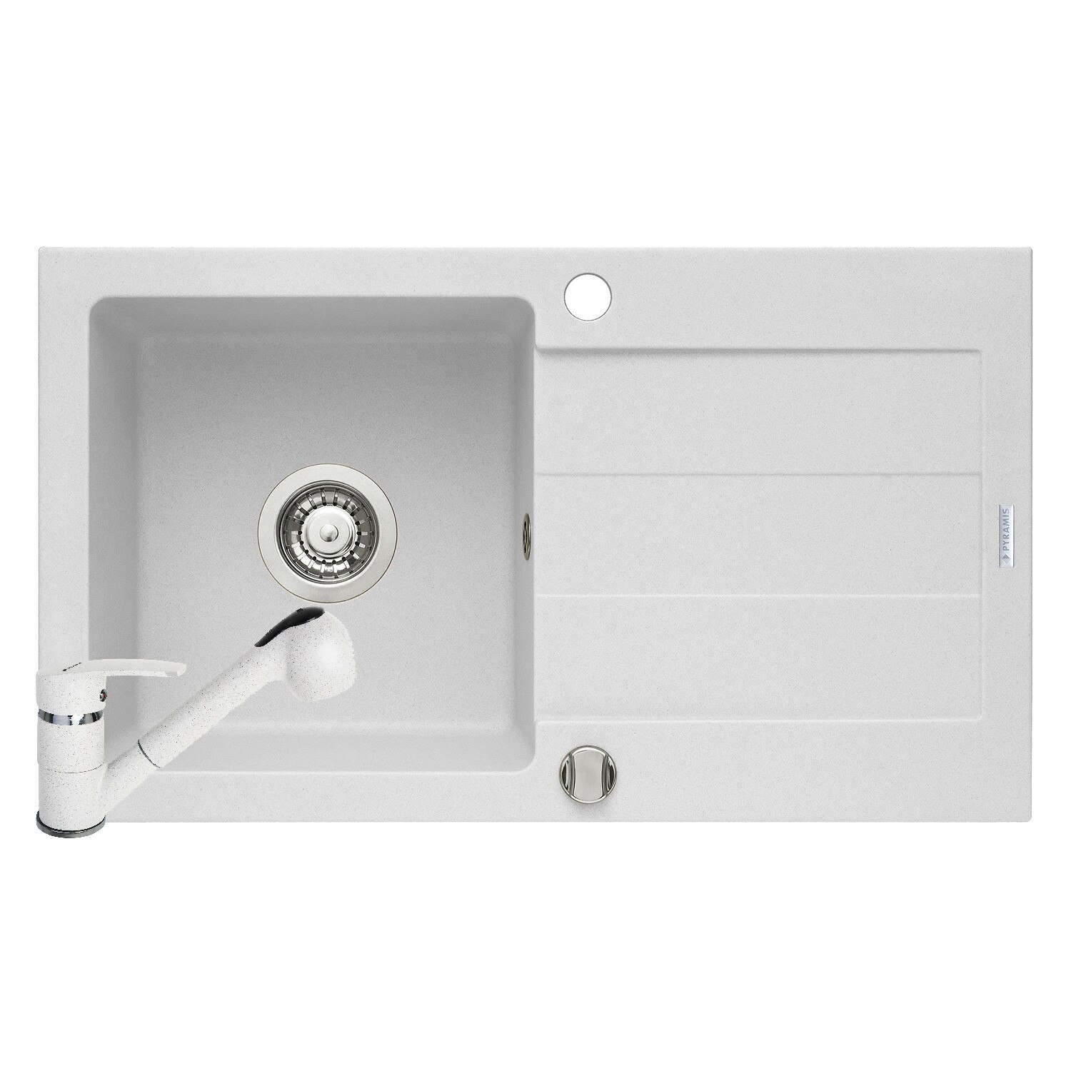 Pachet chiuveta si baterie Pyramis SPARTA, dimensiune 760x440mm, adancime 170mm, reversibila, pipa cu dus, finisaj Pyragranite alb