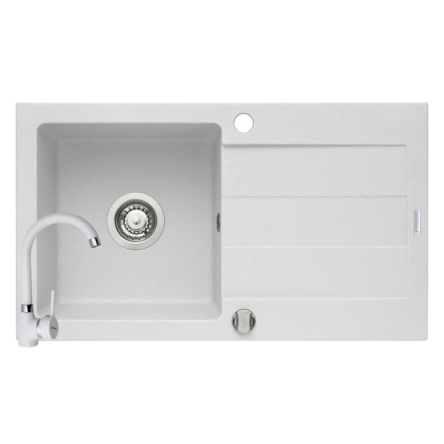 Pachet chiuveta si baterie Pyramis SPARTA, dimensiune 760x440mm, adancime 170mm, reversibila, pipa inalta, finisaj Pyragranite alb