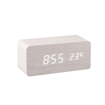Ceas digital cu statie de incarcare wireless, finisaj din lemn, alb, cablu usb, afisaj alb Ceas digital cu statie de incarcare wireless, finisaj din lemn, alb, cablu usb, afisaj alb
