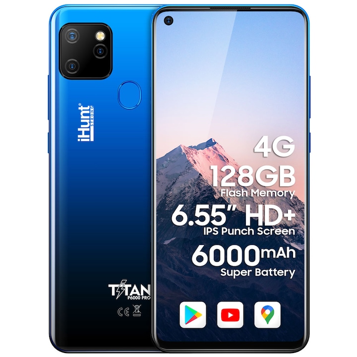 iHunt Titan P6000 Pro 2021 Mobiltelefon, Kártyafüggetlen, 6.55" képernyő IPS HD+, 128GB ROM, DualSIM, Android 10, 6000mAh, Kamera 16MP, 4G, Kék