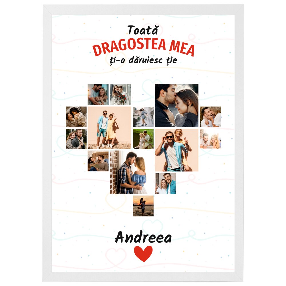 Tablou personalizat cu Nume si 15 Poze, Priti Global, din lemn natural, cadou unic pentru ziua indragostitilor, Alb, A3, 30 x 42 cm