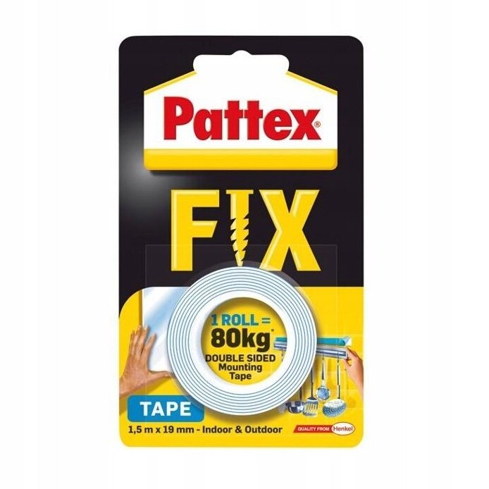 Banda dublu adeziva Pattex, FIX 80 kg, 1.5 m x 19 mm, Alb