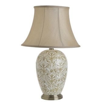 Veioza cu baza din ceramica, bej-gold, abajur textil, 40 x 60 cm Veioza cu baza din ceramica, bej-gold, abajur textil, 40 x 60 cm