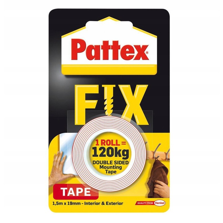 Banda dublu adeziva Pattex. FIX 120 kg. 1.5 m x 19 mm. Alb