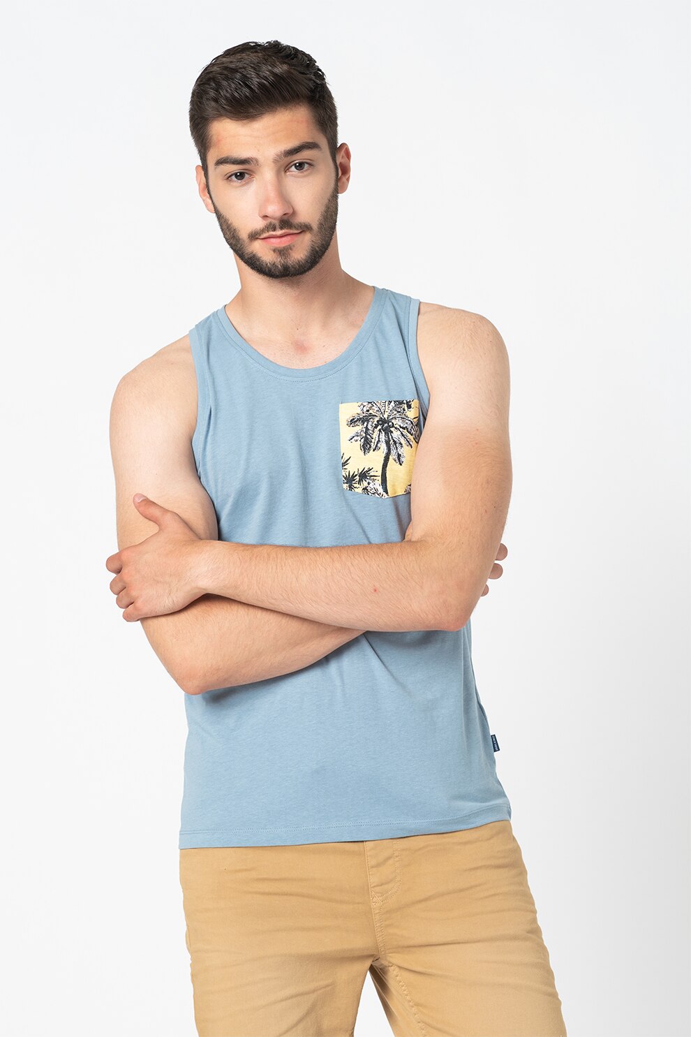 BLEND, Top cu buzunar aplicat, Albastru prafuit/Galben