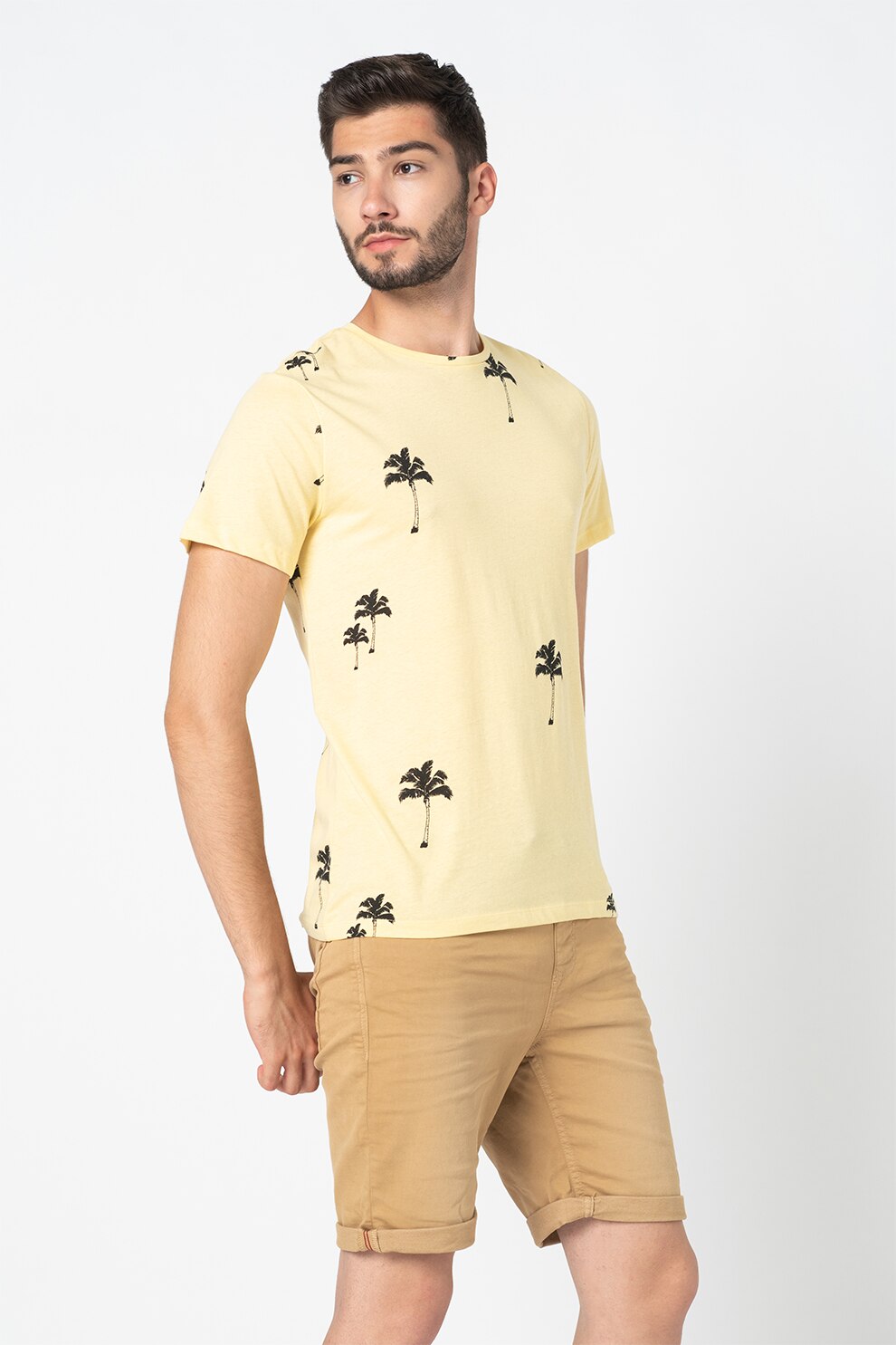 BLEND, Tricou de bumbac cu imprimeu tropical, Galben pai/Negru