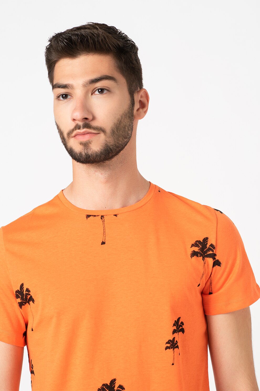 BLEND, Tricou de bumbac cu imprimeu tropical, Oranj mandarina/Negru