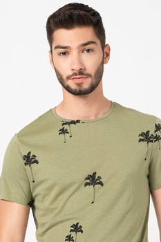 BLEND, Tricou de bumbac cu imprimeu tropical, Verde sparanghel/Negru
