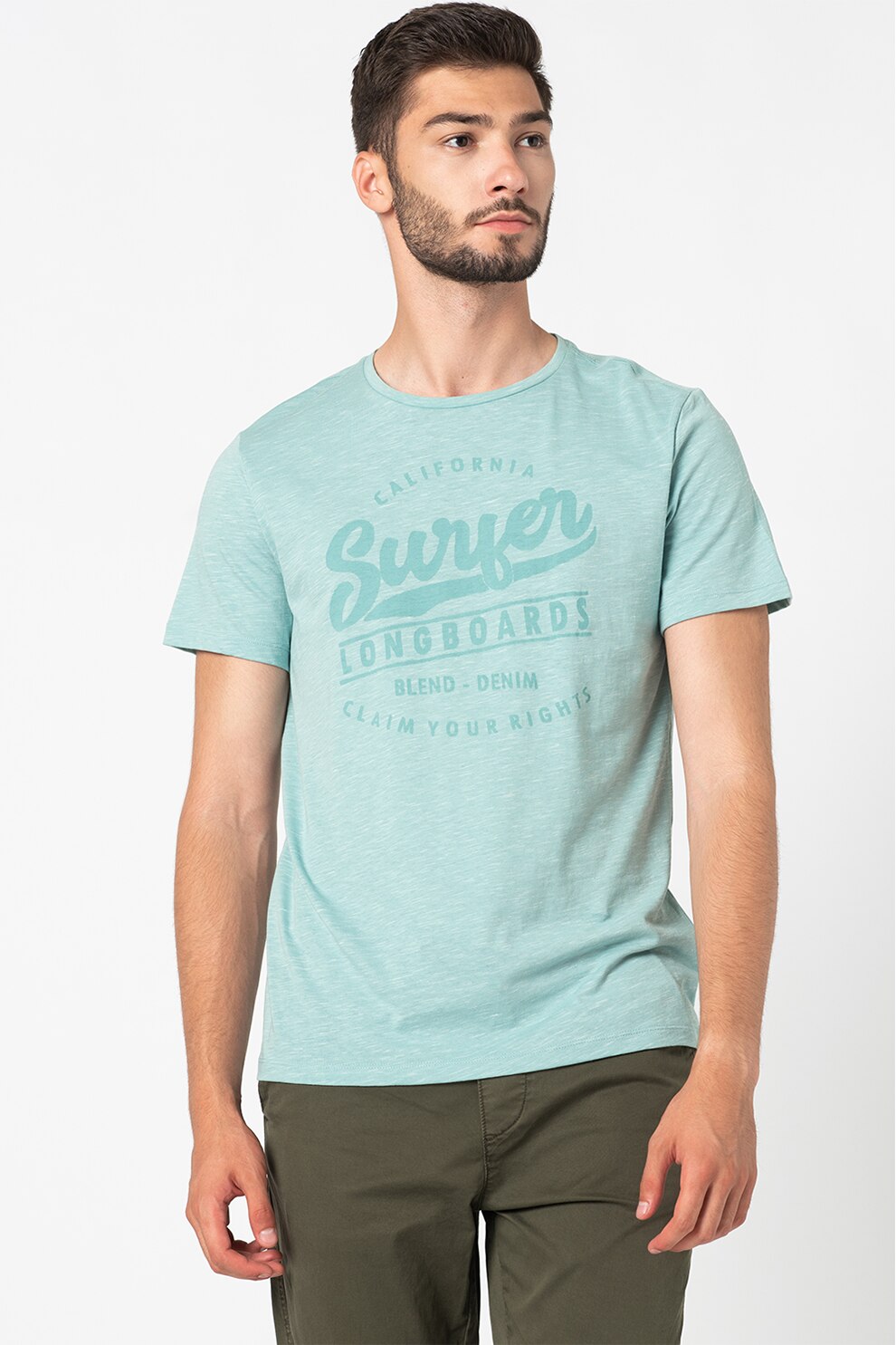 BLEND, Tricou cu decolteu la baza gatului cu imprimeu text, Albastru aquamarin