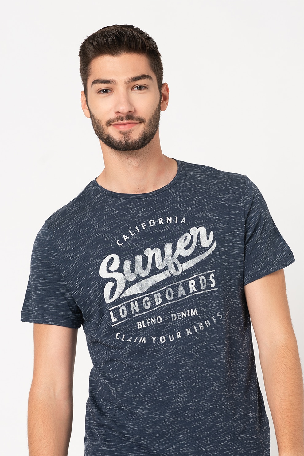 BLEND, Tricou cu decolteu la baza gatului cu imprimeu text, Bleumarin/Alb