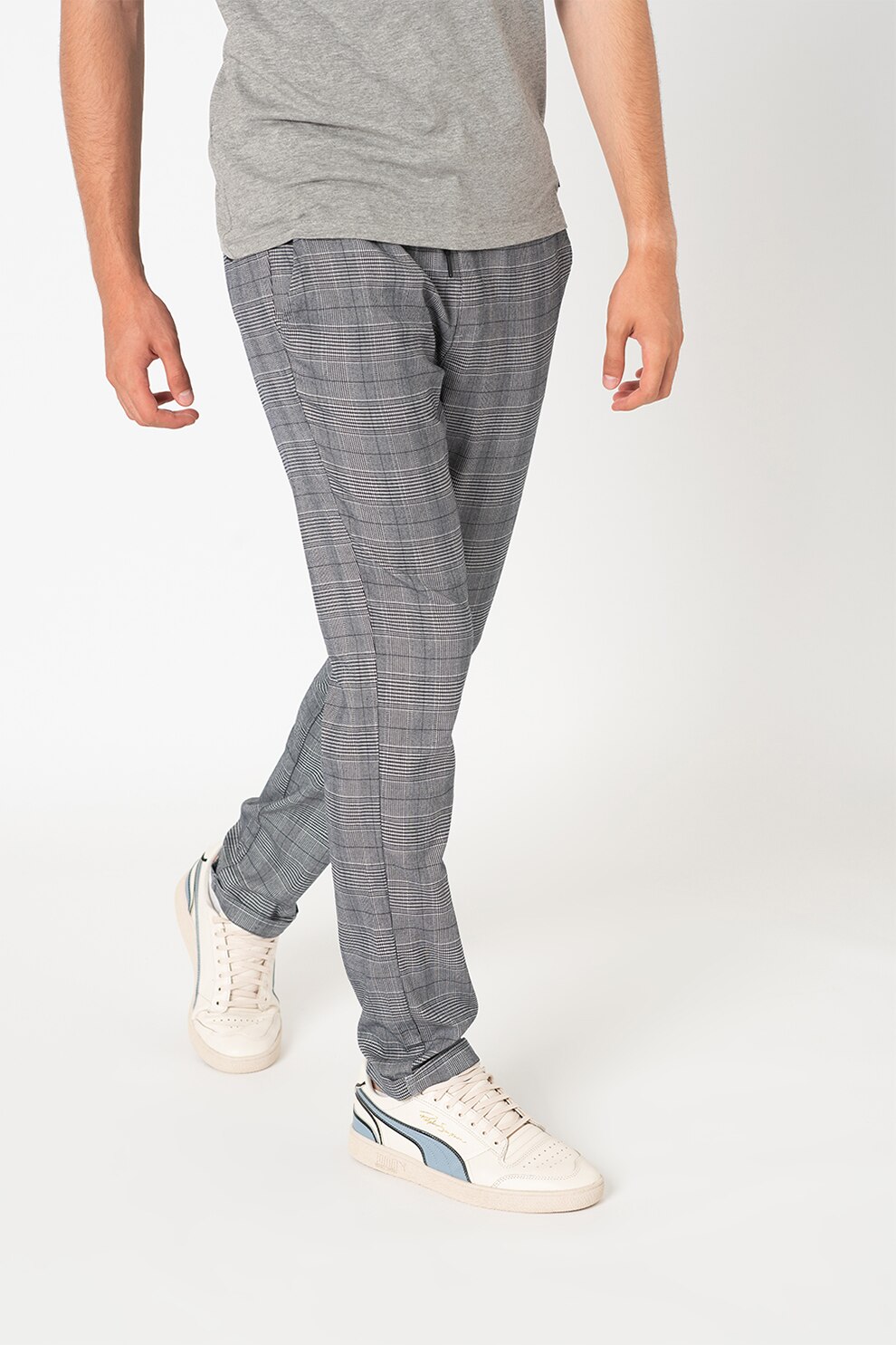BLEND, Pantaloni in carouri cu snur, Gri/negru